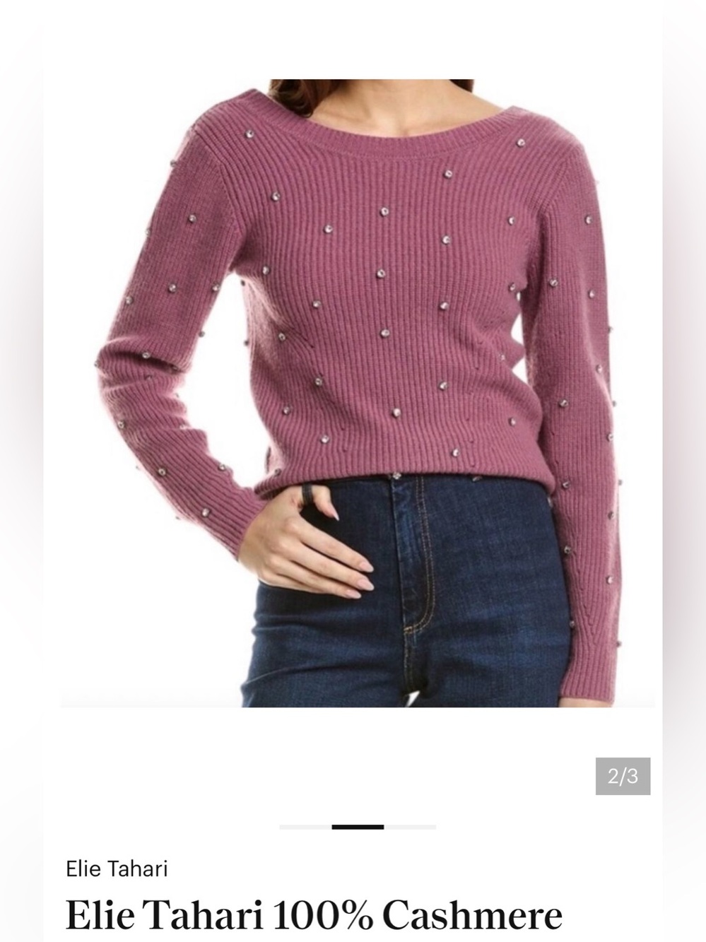 Elie Tahari Mauve Pink Embellished Rib-Knit Sweater